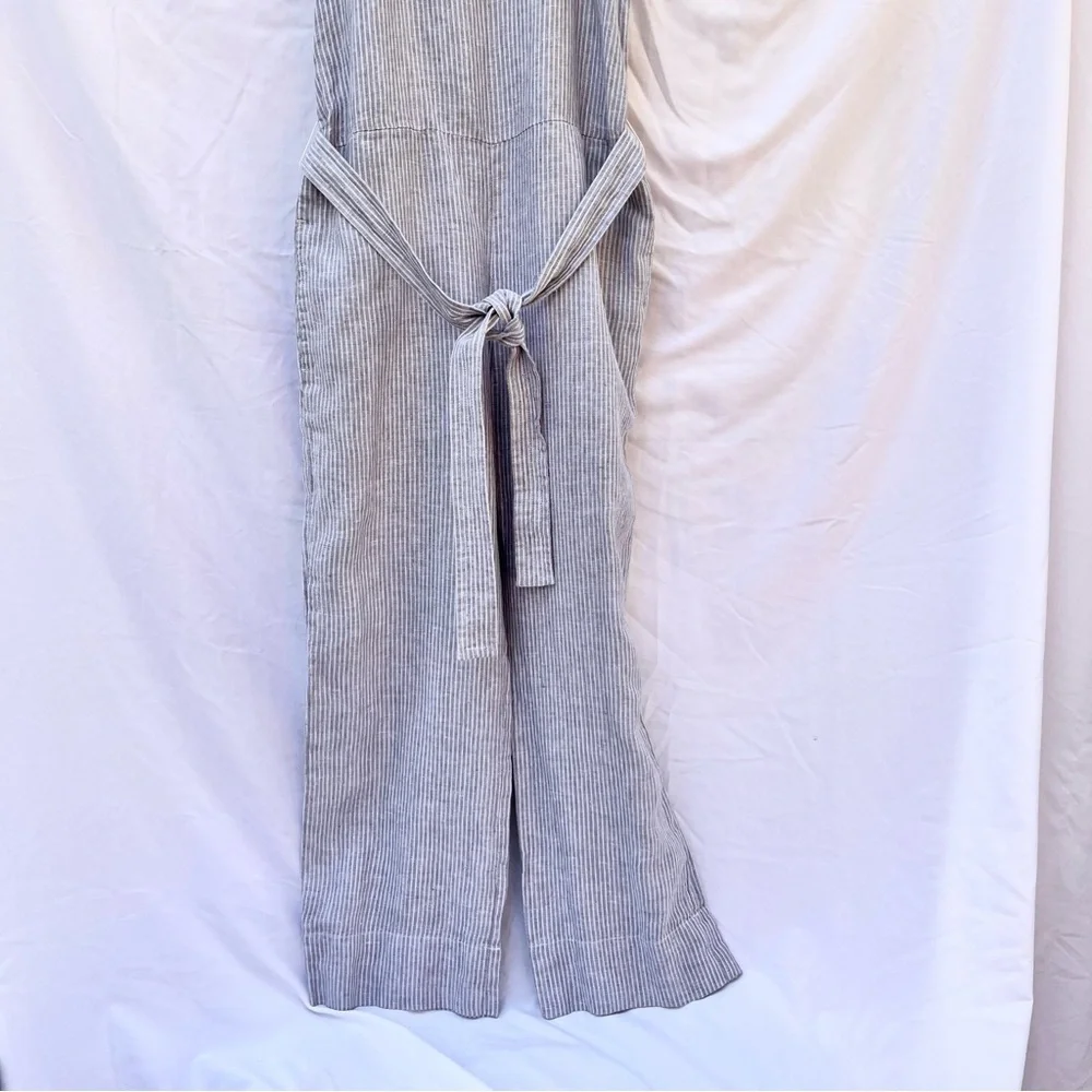 EVERLANE | LINEN STRIPED BELTED SQUARE NECKLINE JUMPSUIT SIZE 0 GRAY WHITE